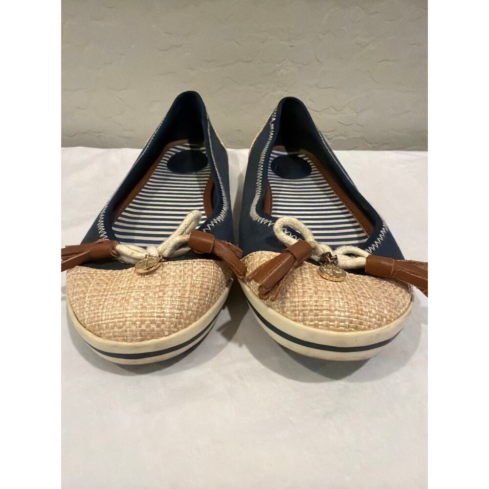 Sebago Womens Ballet Flats Size 8 Navy Raffia Cap Toe Nautical Bow Comfort - Picture 2 of 8